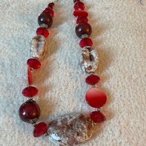 red and white glass, wood and resin